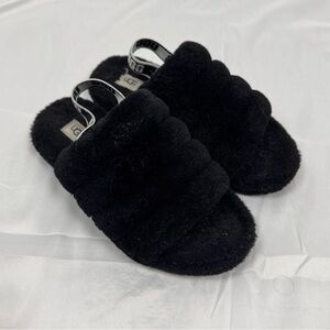 UGG Fluff Yeah Slingback Slippers Black Shearling Sandals Women’s Size 6 EU 38